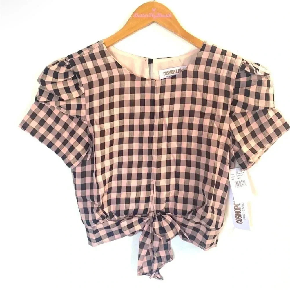 DRESS THE POPULATION Crop Top Size L Short Sleeve Black Pink Plaid Gingham EUC